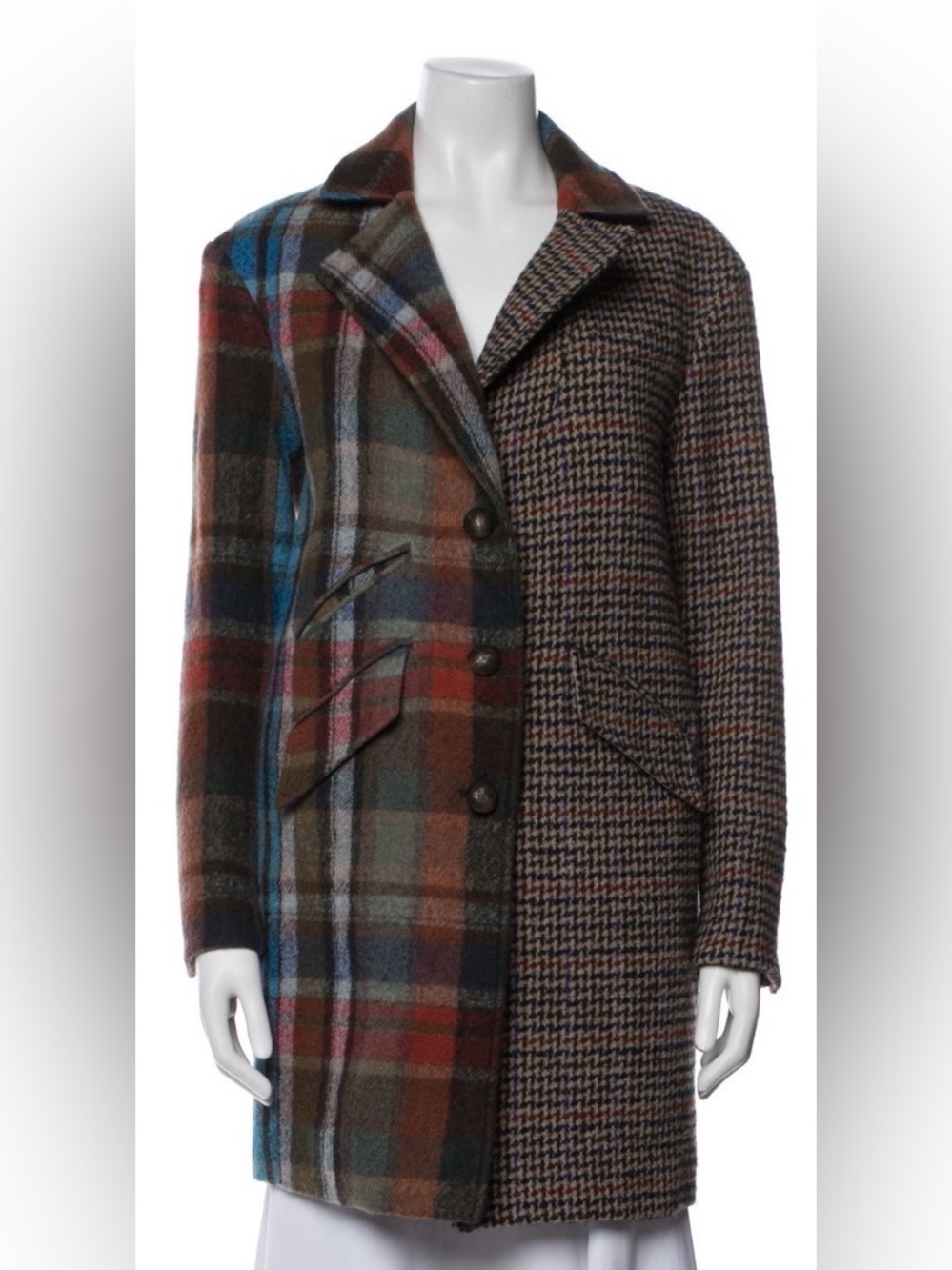 Veronica Beard Brown Multi Plaid & Houndstooth Wool Coat